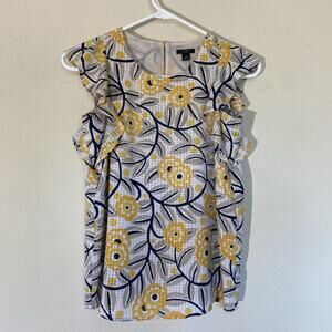 Ann Taylor Factory Gingham Floral Flower‎ Ruffle Sleeve Keyhole Blouse Shirt XSP